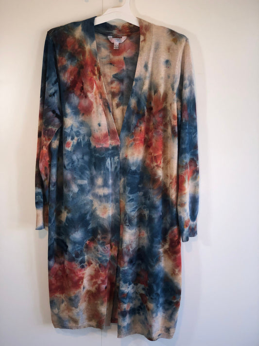 Women’s tie dye duster cardigan rust/blue/tan- small