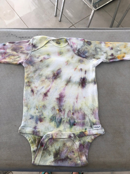 Yellow and gray organic onesie- unique ice dyed