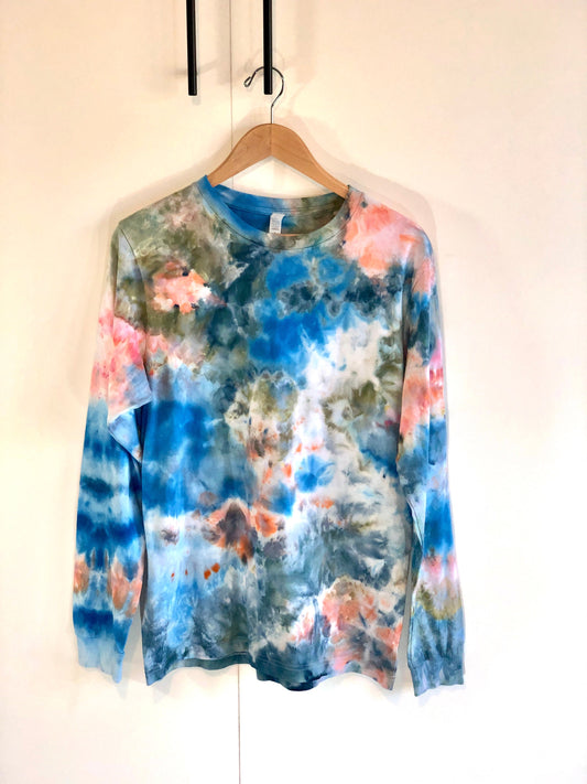 Long sleeve ice dyed t-shirt. Blue, green, peach