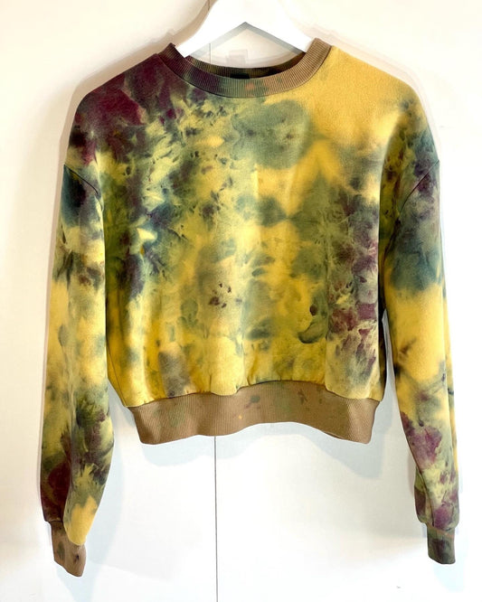 Gold purple and blue-green cropped sweatshirt. Maradi gras
