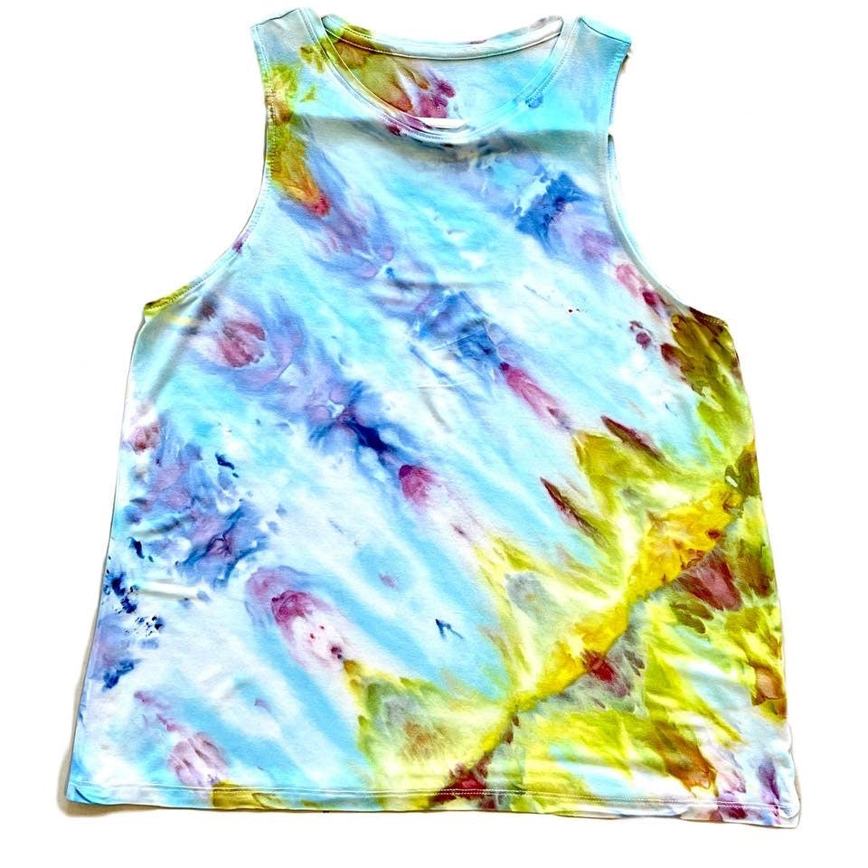 Bright rainbow tie dye tank top.