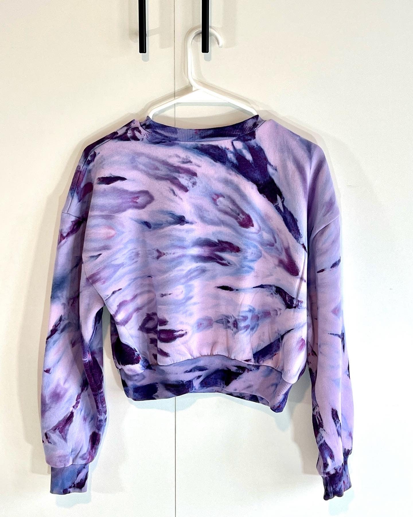 Purple feather hand dyed crop sweatshirt