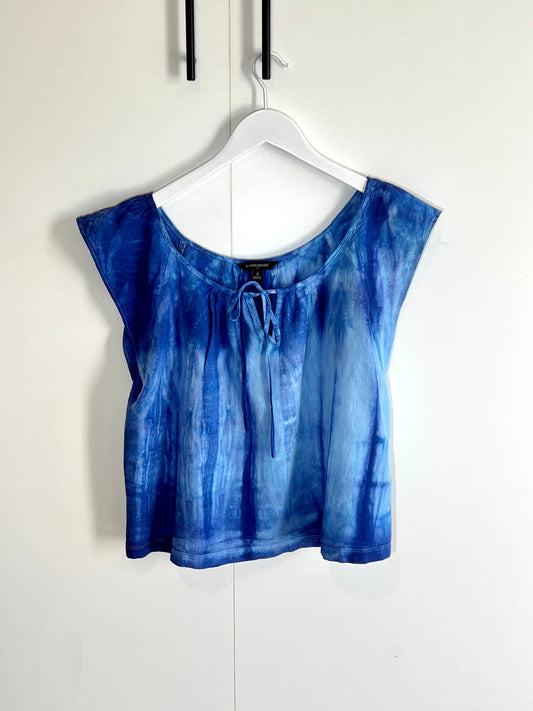 Shibori linen blend tie neck flutter sleeveless  blouse- small