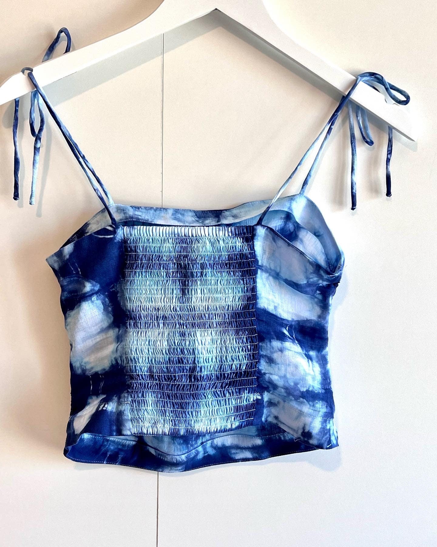 Shibori dyed draped camisole linen top.