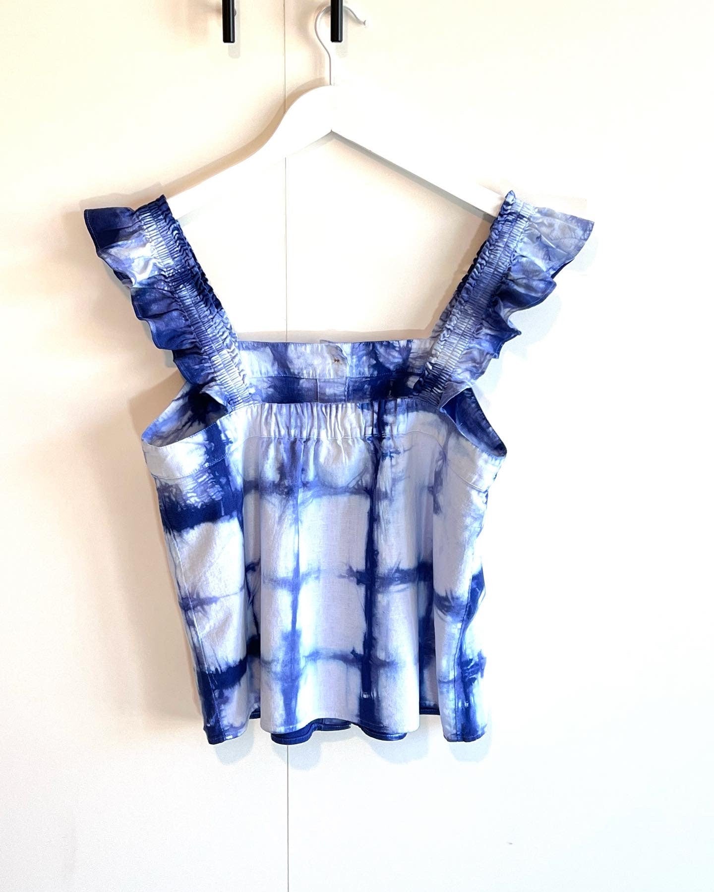 Shibori linen blend button front tank top with ruffle straps- medium