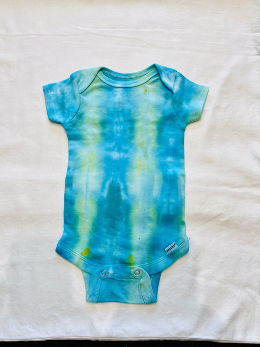 blue and gold ice dyed organic Baby onesie 0-3 months