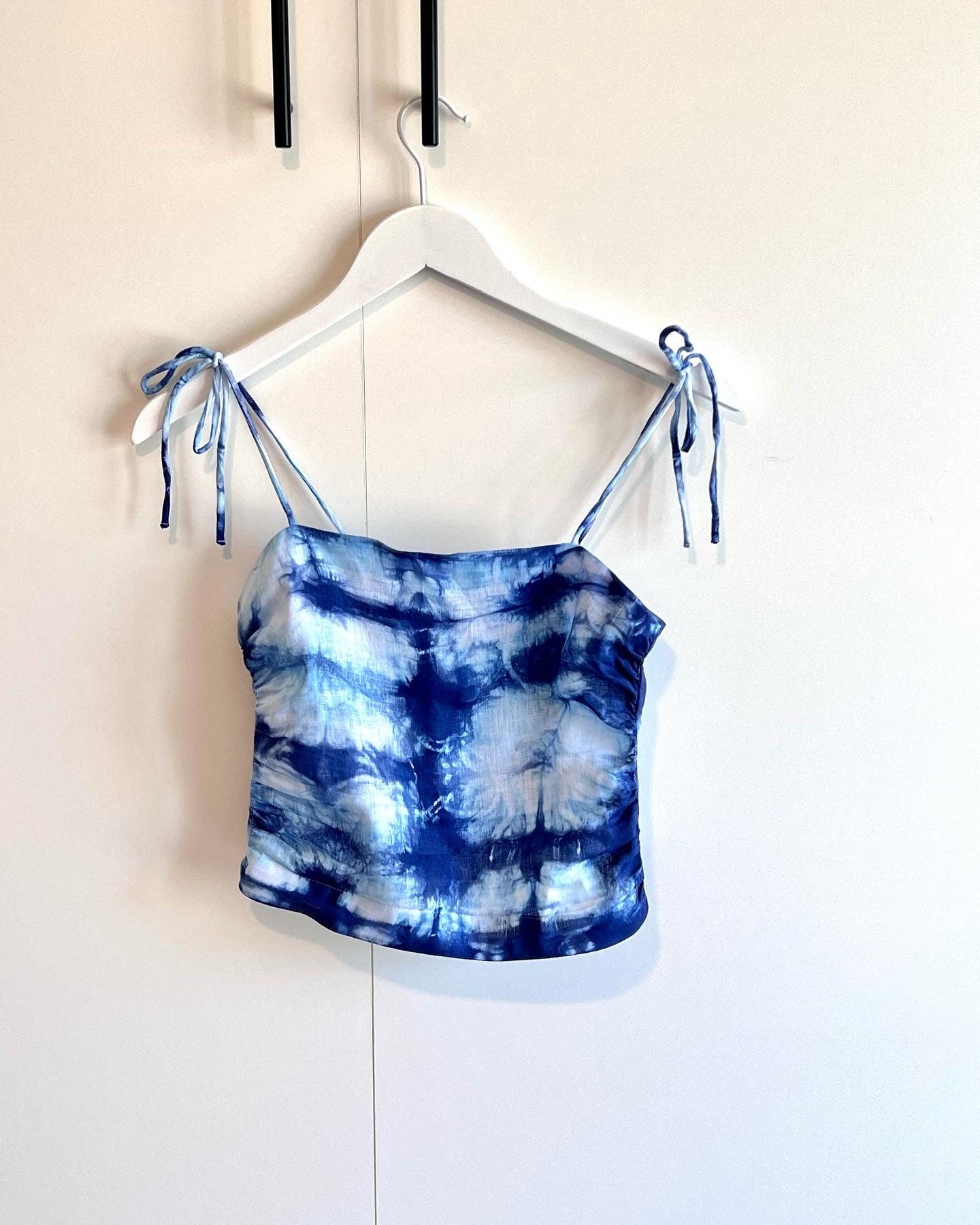 Shibori dyed draped camisole linen top.