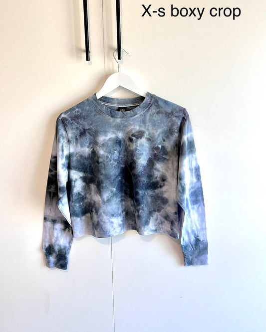 Tie dye in smoke cropped long sleeve shirt. X-small runs large