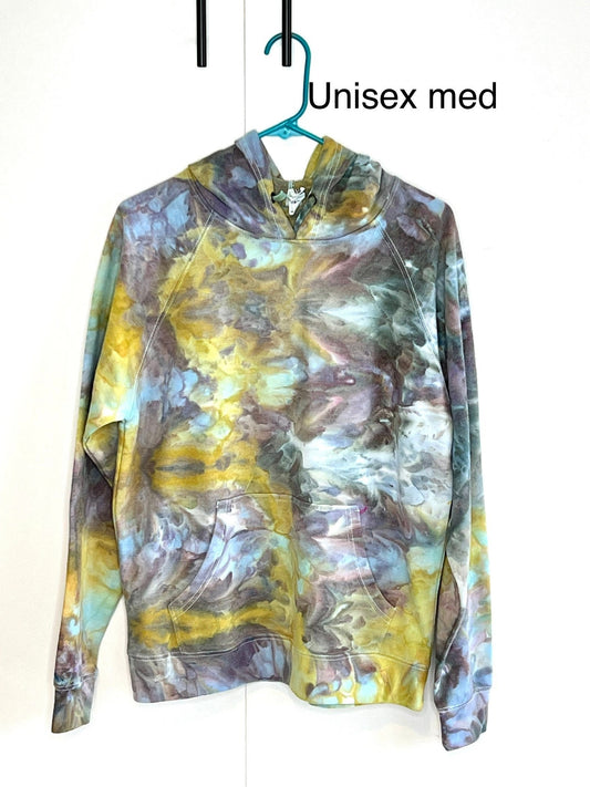 Reimagined peacock ice dyed unisex hoodie. MEDIUM