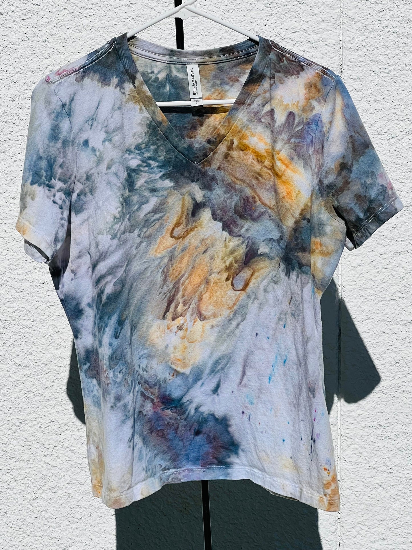 Gray and gold ice dyed v- neck t-shirt-LARGE