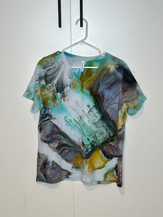 Reimagined peacock abstract ice dyed v-neck t shirt LARGE