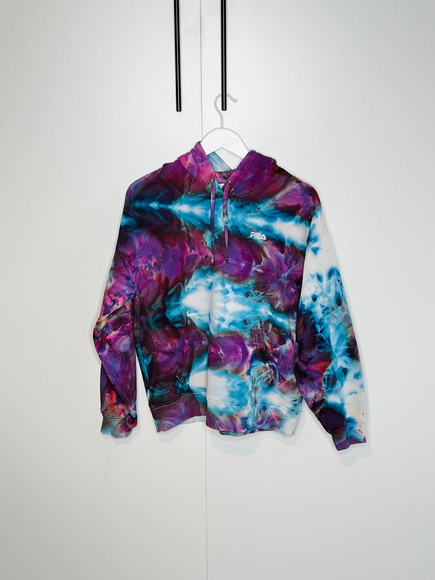 Fuscia and blue ice dyed hoodie with front pocket  large unisex