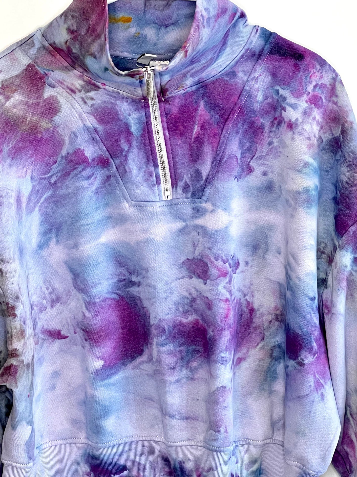 Purple ice dye sweatshirt with 1/2 zip and high neck. LARGE