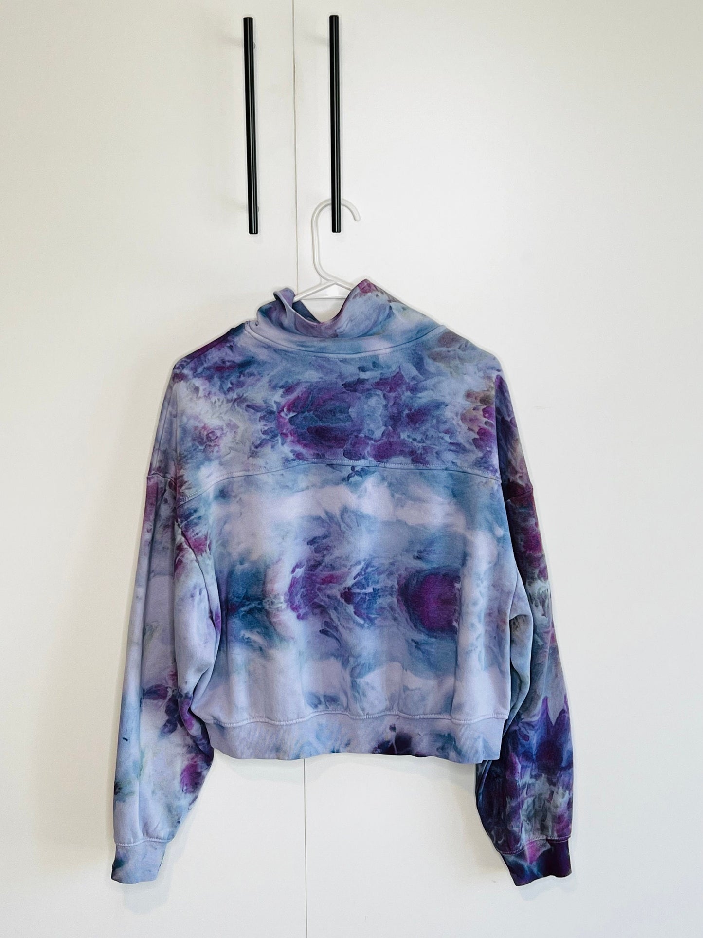 Purple ice dye sweatshirt with 1/2 zip and high neck. LARGE