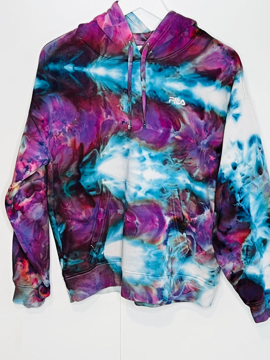 Fuscia and blue ice dyed hoodie with front pocket  large unisex