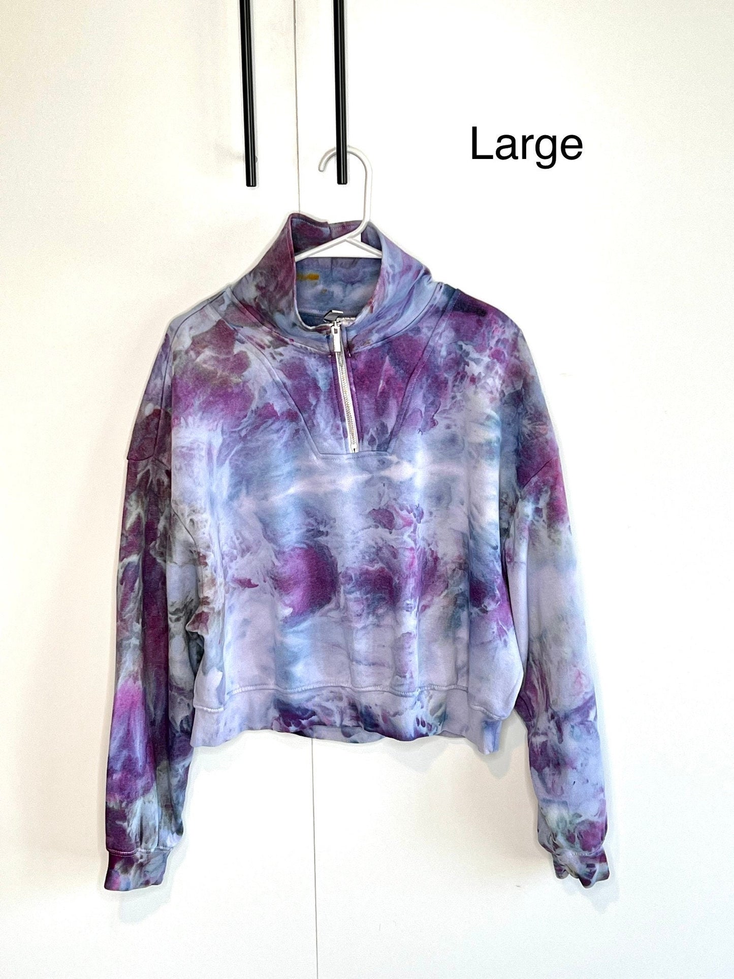 Purple ice dye sweatshirt with 1/2 zip and high neck. LARGE